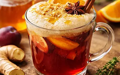 Traditional warming plum-orange drink with ginger and honey foam (variant c2340655)