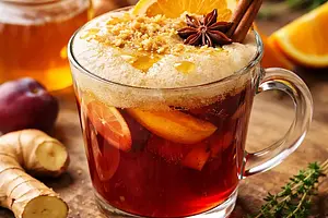 Traditional warming plum-orange drink with ginger and honey foam (variant c2340655)