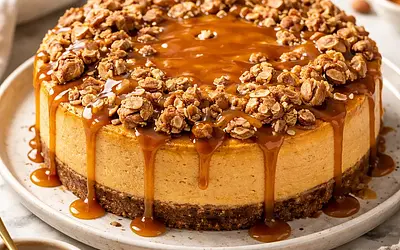 Pumpkin cheesecake with oat-almond crumble and caramel sauce (variant 3f14ba43)