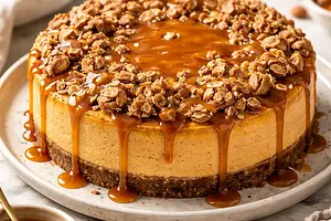 Pumpkin cheesecake with oat-almond crumble and caramel sauce (variant 3f14ba43)