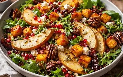 Traditional seasonal salad with roasted pumpkin, pear, and pomegranate