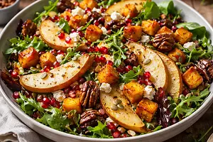 Traditional seasonal salad with roasted pumpkin, pear, and pomegranate