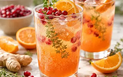 Sparkling clementine-ginger cocktail with pomegranate and thyme