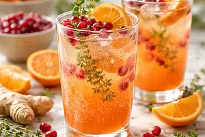 Sparkling clementine-ginger cocktail with pomegranate and thyme