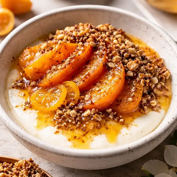 Krem kokosowo-waniliowy z pieczonym kaki, sosem kumkwatowo-imbirowym i chrupiącym tahini-praliné (fusion) - wariant cd7b4c84