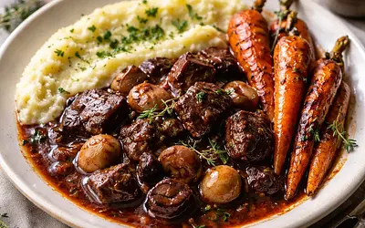 Zimowy gulasz wołowy duszony w czerwonym winie z puree selerowo-ziemniaczanym i pieczonymi marchewkami