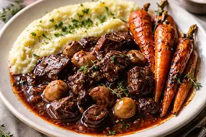 Winter beef stew braised in red wine with celery-potato puree and roasted carrots