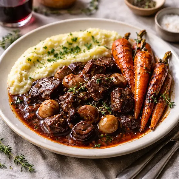 Zimowy gulasz wołowy duszony w czerwonym winie z puree selerowo-ziemniaczanym i pieczonymi marchewkami