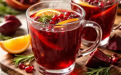 Hot ruby drink with roasted beets, pomegranate, and orange