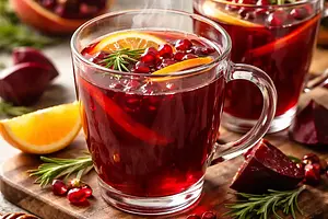 Hot ruby drink with roasted beets, pomegranate, and orange