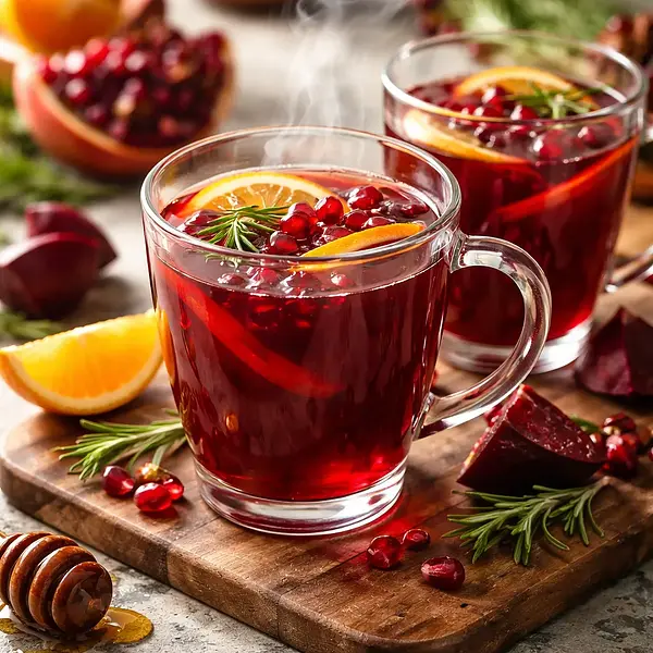 Gorący rubinowy napój z pieczonych buraków, granatu i pomarańczy