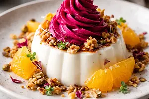Coconut panna cotta with roasted beet mousse, orange, and nut crumble