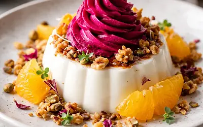 Kokosowa panna cotta z musem z pieczonych buraków, pomarańczą i kruszonką orzechową