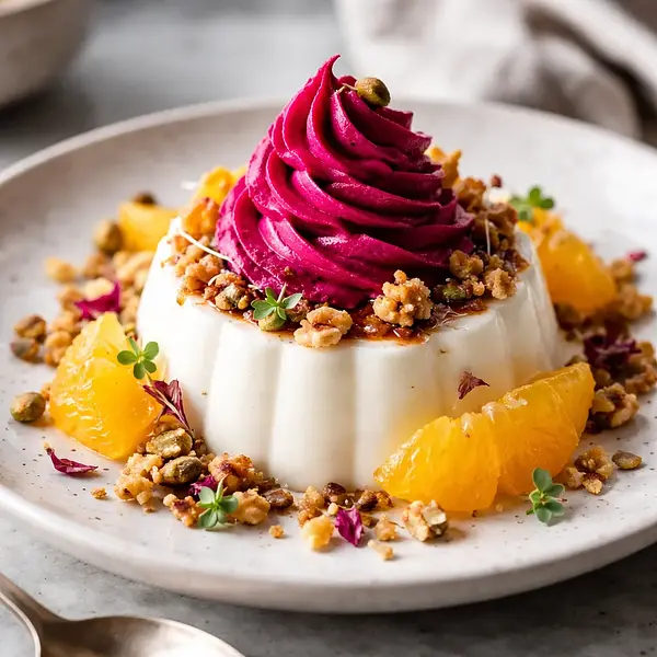 Kokosowa panna cotta z musem z pieczonych buraków, pomarańczą i kruszonką orzechową