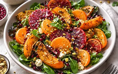 Modern Winter Salad with Roasted Pumpkin, Clementines, Blood Orange, and Pomegranate