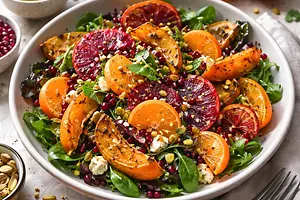 Modern Winter Salad with Roasted Pumpkin, Clementines, Blood Orange, and Pomegranate