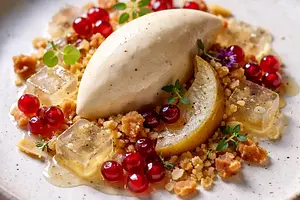 Pear mousse with Earl Grey jelly, almond crumble, and pomegranate pearls