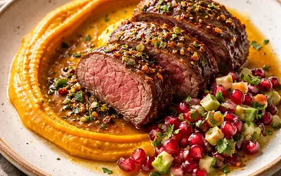 Beef Tenderloin in Orange Chimichurri Glaze with Sweet Potato Purée and Pomegranate-Avocado Salsa