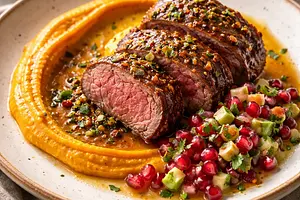 Beef Tenderloin in Orange Chimichurri Glaze with Sweet Potato Purée and Pomegranate-Avocado Salsa