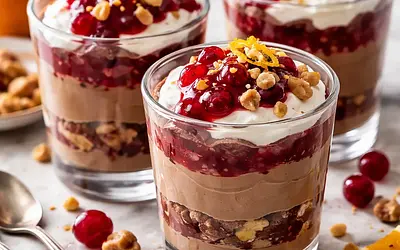 Quick Chocolate-Orange Cups with Cranberry Sauce and Toasted Nuts