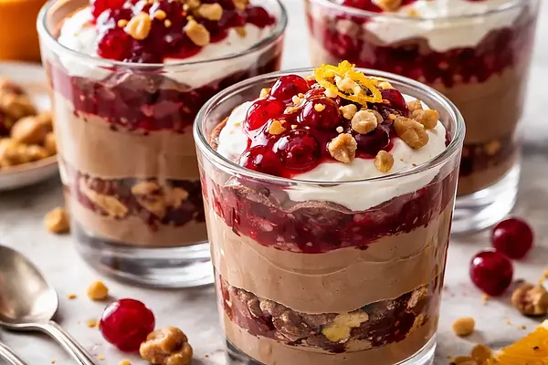 Szybkie pucharki czekoladowo-pomarańczowe z sosem żurawinowym i prażonymi orzechami