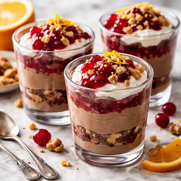 Szybkie pucharki czekoladowo-pomarańczowe z sosem żurawinowym i prażonymi orzechami