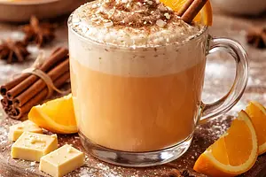 Zimowy napój pomarańczowo-białoczekoladowy z cynamonową pianką