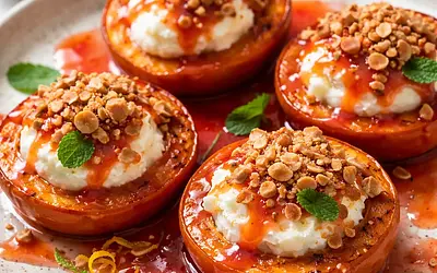 Baked persimmons with ricotta-honey cream, almond crumble, and red orange sauce