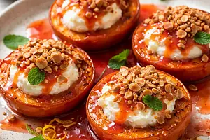 Baked persimmons with ricotta-honey cream, almond crumble, and red orange sauce