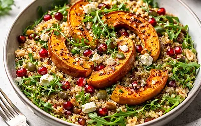 Salad with Roasted Pumpkin, Quinoa, Pomegranate, and Nuts