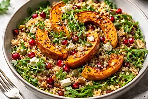 Salad with Roasted Pumpkin, Quinoa, Pomegranate, and Nuts