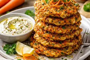 Colorful Carrot-Apple Fritters with Yogurt Dip