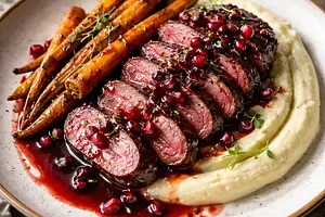 Duck breast in pomegranate and red wine glaze with celery purée and caramelized carrots