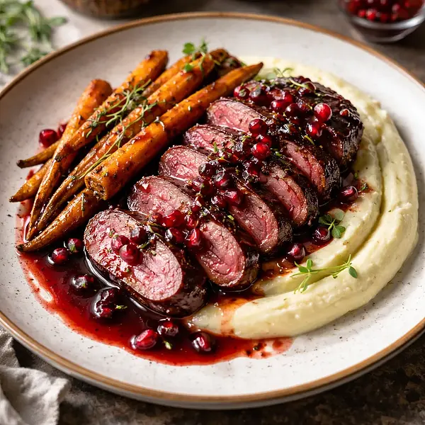 Pierś z kaczki w glazurze z granatu i czerwonego wina z purée z selera i karmelizowaną marchewką