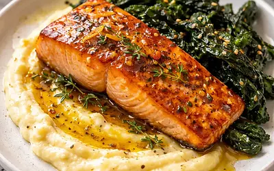 Quick Pan-Seared Salmon with Orange-Honey Glaze, Parsnip Purée, and Crispy Cavolo Nero