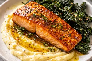 Quick Pan-Seared Salmon with Orange-Honey Glaze, Parsnip Purée, and Crispy Cavolo Nero