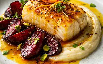 Cod fillet in orange-saffron glaze with celery puree and caramelized beets, crispy kale, and microgreens