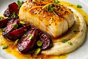 Cod fillet in orange-saffron glaze with celery puree and caramelized beets, crispy kale, and microgreens