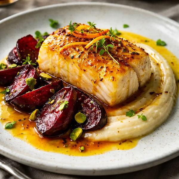 Polędwica dorsza w glazurze pomarańczowo-szafranowej z puree z selera i karmelizowanymi burakami, chrupiącym jarmużem i mikroliśćmi