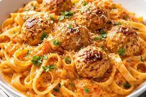Creamy pasta with turkey meatballs and carrot-tomato sauce