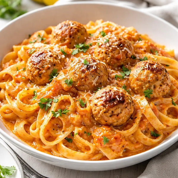 Kremowy makaron z pulpecikami z indyka i marchewkowo-pomidorowym sosem