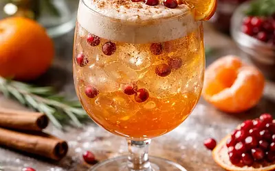 Musujący zimowy koktajl mandarynkowo-granatowy z imbirem i cynamonową pianą