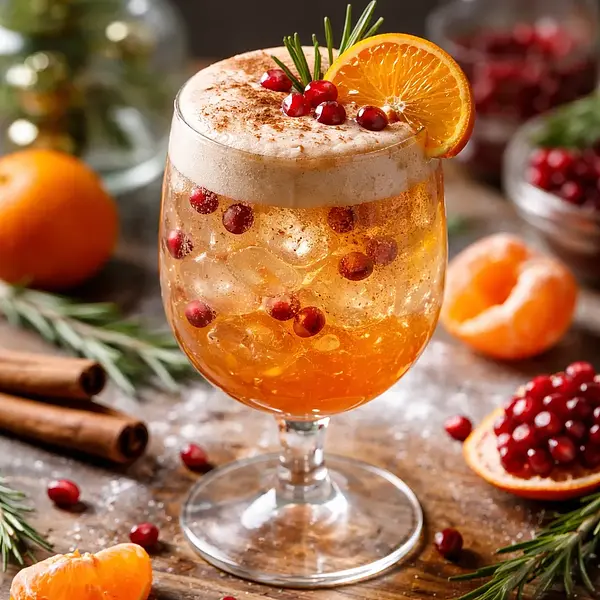 Musujący zimowy koktajl mandarynkowo-granatowy z imbirem i cynamonową pianą
