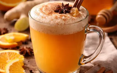 Tradycyjny gorący cydr pomarańczowo-imbirowy z miodowo-cynamonową pianką