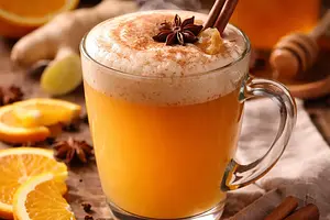 Traditional Hot Orange-Ginger Cider with Honey-Cinnamon Foam
