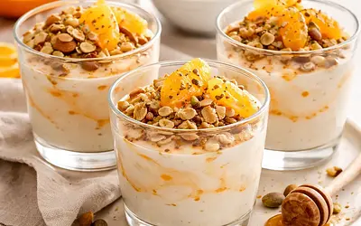Quick Yogurt Cups with Orange-Cardamom Cream and Almond Crumble