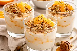 Quick Yogurt Cups with Orange-Cardamom Cream and Almond Crumble