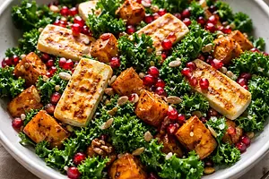 Fusion salad: roasted sweet potatoes with kale, halloumi, and pomegranate