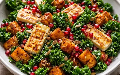 Fusion salad: roasted sweet potatoes with kale, halloumi, and pomegranate