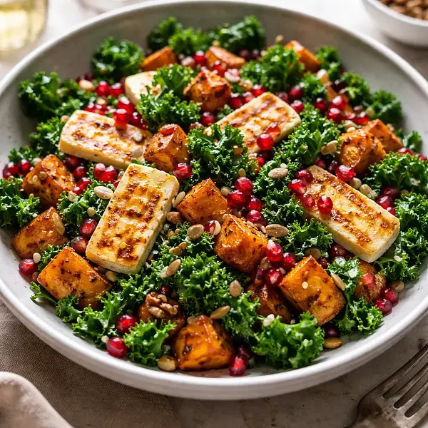 Sałatka fusion: pieczone bataty z jarmużem, halloumi i granatem